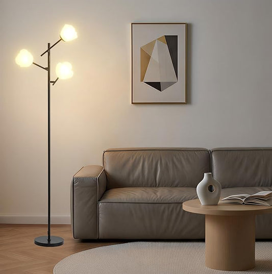 Fiqevs Tree Floor Lamp for Living Room, 3 Head Flower Standing Lamp with Adjustable Lampshade, Bulbs Included, Black LED Sputnik Mid Century Modern Tall Reading Lamp for Bedroom, Office