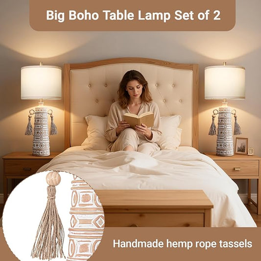 30”H Tall Boho Table Lamp Set of 2 for Bedroom Living Room, Handmade Tassels Antique Bedside Lamp, Adjustable with Memory Function Bulb, Linen Shade, Rotary Switch Resin Lamp for Nightstand Decor