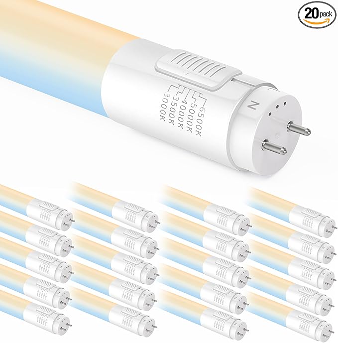 hykolity 20 Pack 5CCT 4FT LED T8 Ballast Bypass Type B Light Tube, 18W, 3000K/3500K/4000K/5000K /6500K Selectable, Single or Double End Powered, 2400lm, T8 T10 T12 Tube Light, 120-277V, UL, FCC