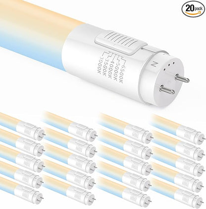 hykolity 20 Pack 5CCT 4FT LED T8 Ballast Bypass Type B Light Tube, 18W, 3000K/3500K/4000K/5000K /6500K Selectable, Single or Double End Powered, 2400lm, T8 T10 T12 Tube Light, 120-277V, UL, FCC