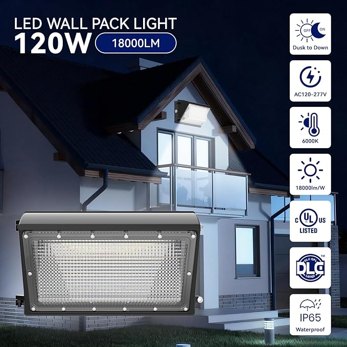 LED Wall Pack Light 120W, 18000LM 5000K Daylight, Outdoor Lighting with Dusk-to-Dawn Photocell, LED Wall Pack for Parking Lot, Warehouse, Yard, ETL Listed (120W - 2PACK)