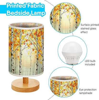Birch Trees Table Lamp LED 3-Color Pressed Bedside, Birch Trees Shade Lamp with Wood Base for Bedroom Living Room Desk Office