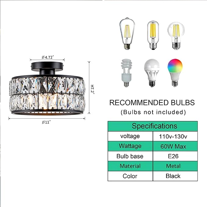 Crystal Ceiling Light, Modern Flush Mount Ceiling Light, Black Crystal Chandelier for Kitchen Bedroom Bathroom Entryway Hallway, 1 Light