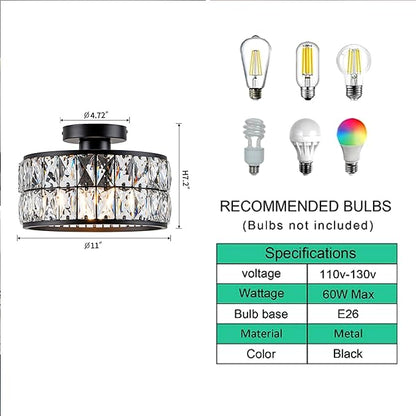 Crystal Ceiling Light, Modern Flush Mount Ceiling Light, Black Crystal Chandelier for Kitchen Bedroom Bathroom Entryway Hallway, 1 Light