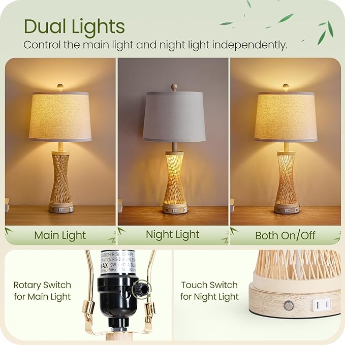 24.4”Farmhouse Rattan Table Lamps Set of 2, Touch Bedside Lamps for Bedroom with Dimmable Night Light, USB A+C Ports, Bamboo Boho Nightstand Lamp with Cream Linen Shade, C04TL05