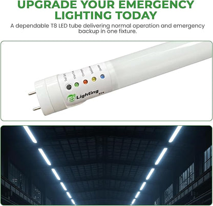 E2 LIGHTING 4FT Emergency T8 LED Tube Light, 18W 2300lm 4000K, 2-in-1 Regular and Battery Backup Tube, 90-Min Emergency Time, Double Ended Wiring, AC 120-277V, DLC ETL Listed LED Shop Light