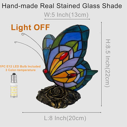 Bedside Table Lamp LED Tiffany Blue Fairy Butterfly Nightstand Table Lamps Stained Glass Shade ON Off Switch Home Office Desk Lamp Night Light Girl Grandma Mothers Day Gifts W/Gift Box