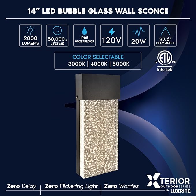 LUXRITE 14-Inch LED Wall Sconce Outdoor Light, 3CCT Selectable 3000K/4000K/5000K, 2000LM, 120V, 20W, IP65 Waterproof, Modern Bubble Glass Light Fixture, ETL Listed, Black (2 Pack)