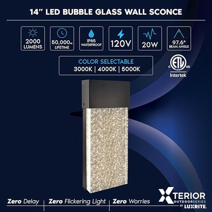 LUXRITE 14-Inch LED Wall Sconce Outdoor Light, 3CCT Selectable 3000K/4000K/5000K, 2000LM, 120V, 20W, IP65 Waterproof, Modern Bubble Glass Light Fixture, ETL Listed, Black (2 Pack)
