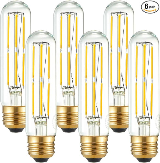Arberlic 5 Inch Tubular Light Bulb,6W T10 LED Bulb Equivalent E26 led Bulb 60 watt dimmable,Neutral White 4000K,600lm,CRI85+,AC120V,Clear Glass Long E26 Edison Bulb,Flicker-Free,Pack of 6