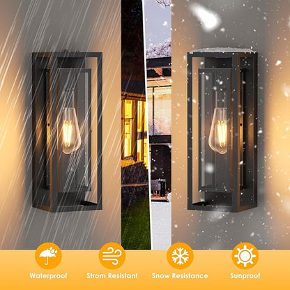 AIBISDO 18In Large Dusk to Dawn Outdoor Wall Light -2 Pack, Waterproof Outdoor Garage Lighting Fixtures with Clear Glass Shade, Auto On/Off Porch Light for Patio, Garage, Front Door（Black）