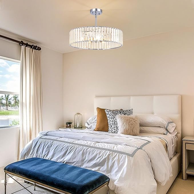 Crystal Chrome Semi Flush Mount Ceiling Light Modern Hallway Light Fixture Metal Close to Lamp for Kitchen Living Room Bathroom Entryway Bedroom(19.68 inch)