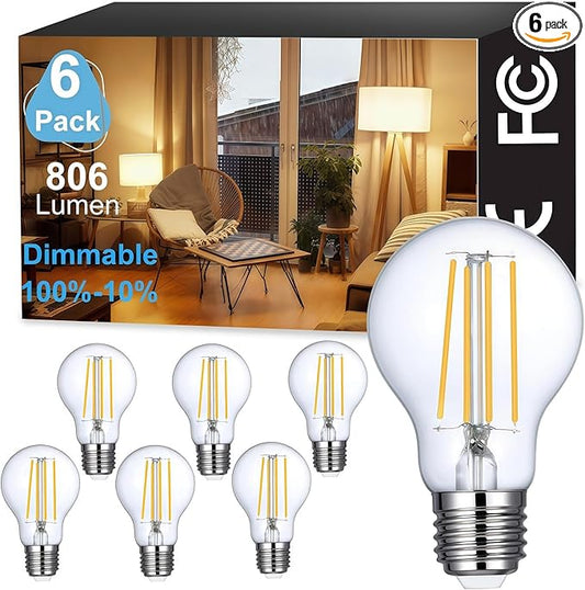 Vinaco A19 Dimmable LED Bulb 2700K Warm White, 6 PCS A19 Edison Bulb, 8W Equal 60W Clear Light Bulbs, Long Lasting 806LM Edison Bulbs E26 LED CRI85+ for Living Room, Chandelier