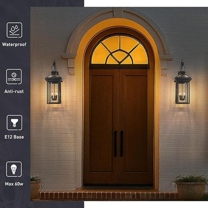 zeyu 3 Light Large Outdoor Wall Sconce, 31.3 Inch Outdoor Porch Sconce Light in Black Finish, Die-Cast Aluminum with Seeded Glass Shade, ZW114BL BK
