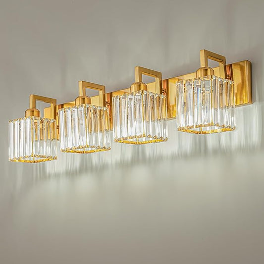 Modern Crystal Bathroom Vanity Light 4-Lights Gold Brushed Brass Finish Modern Crystal Wall Lamp Bathroom Vanity Lighting