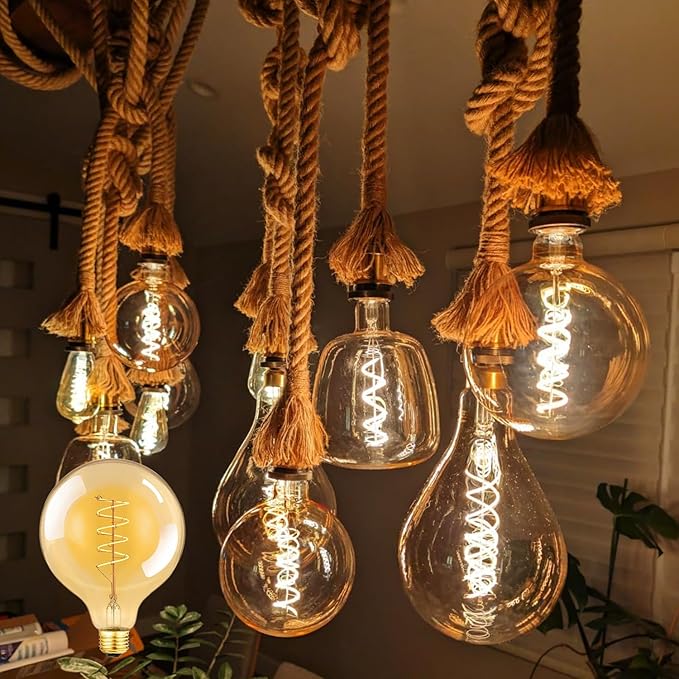 Leools Vintage LED Spiral Filament Bulb G125 Dimmable Flick-Free 6W CRI95 LED Edison Globe Light Bulb E26 Base,Amber Glass,Warm White,2200K, 500LM(60W Equivalent), Pack of 2