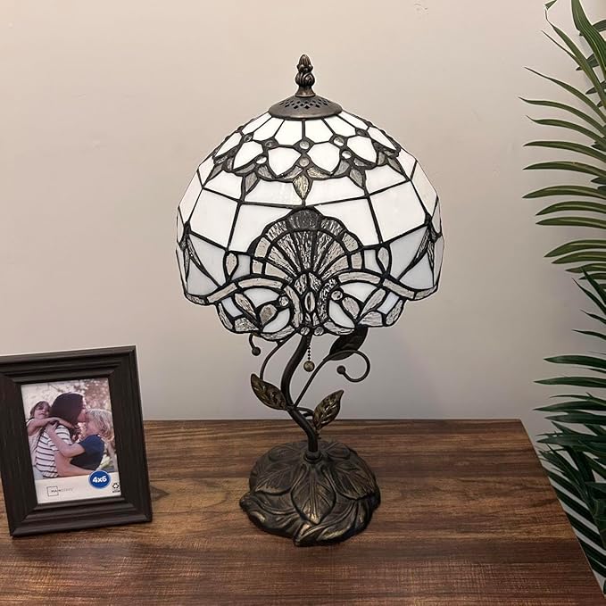 White Stained Glass Table Lamp Baroque Style Lavender Included LED Bulb for Living Room Bedroom Bedside 10" W*10" D*20" H