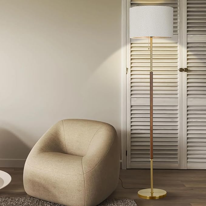 Wood Floor Lamp for Living Room Gold Traditional Farmhouse Floor Lamps Mid-Century Pole Lamp with Linen Lamp Shade, Standing Tall Floor Lamps for Bedrooms and Office (Gold)