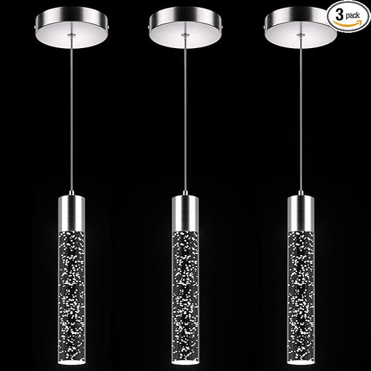 Pendant Lights Kitchen Island, 6500K Modern Kitchen Island Lights Brushed Nickel, 3 Pack Ceiling Lighting Fixtures with Crystal Bubble, Integrated LED Hanging Light for Dining Room Restaurant