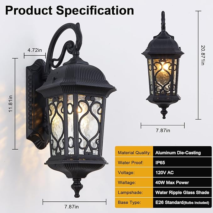 Large Outdoor Wall Light 20.87" H Black Waterproof Outside Wall Sconce Classical European Style Porch Light with Water Glass for Entryways, Yards, Front Porch