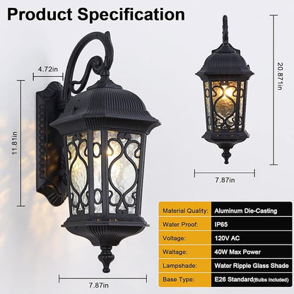 Large Outdoor Wall Light 20.87" H Black Waterproof Outside Wall Sconce Classical European Style Porch Light with Water Glass for Entryways, Yards, Front Porch