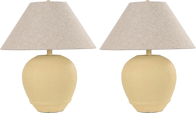 Farmhouse Ceramic Table Lamp Set of 2, 21" Rustic Table Lamp with Linen Shade, 3-Way Dimmable Bedside Nightstand Lamps for Bedroom, Living Room, E26 Socket, Cream