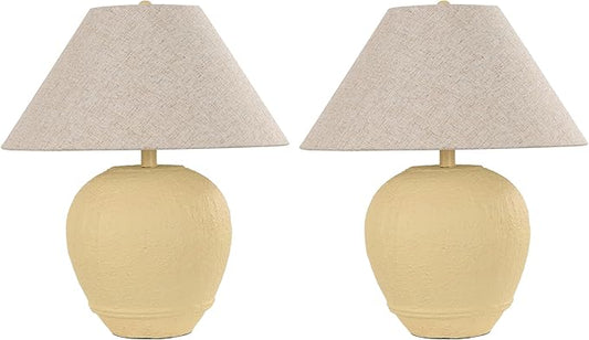 Farmhouse Ceramic Table Lamp Set of 2, 21" Rustic Table Lamp with Linen Shade, 3-Way Dimmable Bedside Nightstand Lamps for Bedroom, Living Room, E26 Socket, Cream