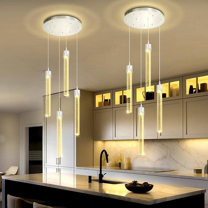 4-Lights Kitchen Island Pendant Lights Silver Mini Chandeliers for Dining Room Crystal Pendant Lighting Ceiling Lights for Hallway Foyer Living Room