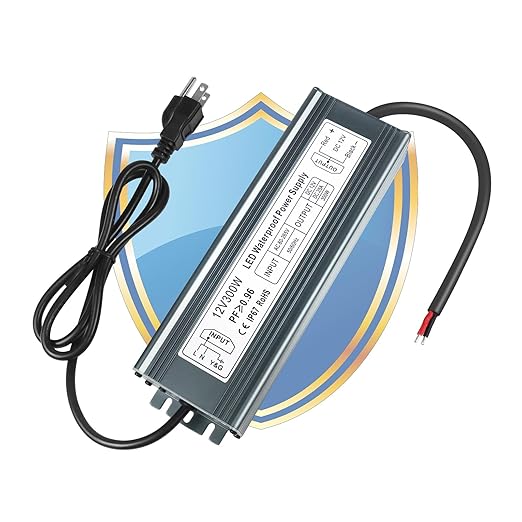 inShareplus 12V 300W Power Supply, AC 80-265V to DC 12 Volt 25A IP67 Waterproof LED Power Supply, Low Voltage Transformer, Outdoor Driver with 3-Prong Plug 3.3 Feet Cable for LED Light, Outdoor Use
