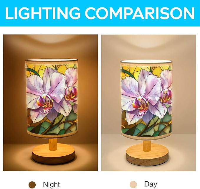 Orchid Table Lamp LED 3-Color Pressed Bedside, Orchid Shade Lamp with Wood Base for Bedroom Living Room Desk Office TL01