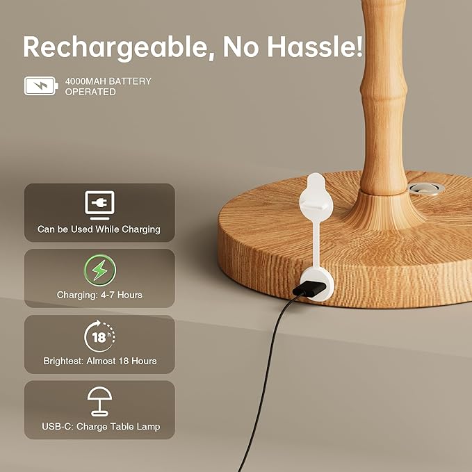Desk Lamp Cordless Table Shower Lamp Waterproof,Rechargeable Battery Operated Lamps for Bedroom Night Stands,3 Colors Touch Dimmable Small Outdoor Lamps,4000mAh LED Wood Grain