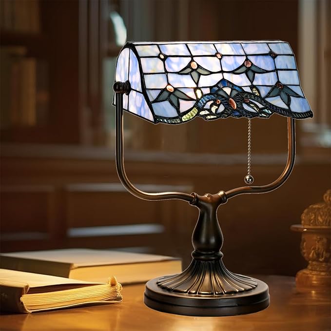 TL0031 Baroque Tiffany Banker Desk Lamp Stained Glass Blue Shade with Vintage Bronze Base W10.25 X OH13 Inches, Art Nouveau Decor for Home Office,LED Bulb Included (Baroque)