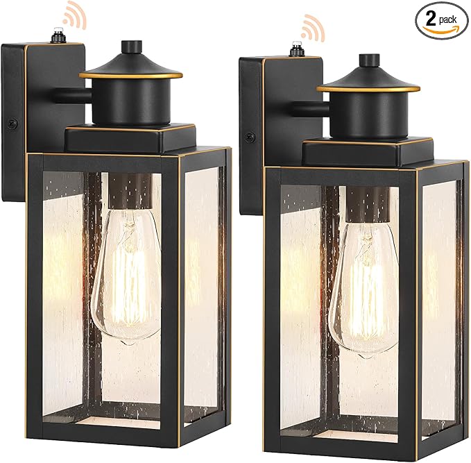 BesLowe 2-Pack Dusk to Dawn Outdoor Wall Lights, Modern Porch Lights Outdoor Sconces with Seeded Glass, Exterior Lighting Fixtures, Outside Lights for House Front Door Garage, Black with Gold Trim