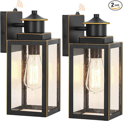 BesLowe 2-Pack Dusk to Dawn Outdoor Wall Lights, Modern Porch Lights Outdoor Sconces with Seeded Glass, Exterior Lighting Fixtures, Outside Lights for House Front Door Garage, Black with Gold Trim