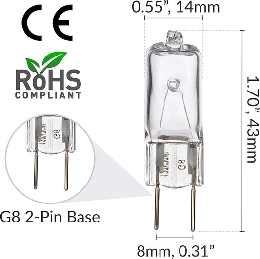 Simba Lighting Halogen Light Bulb G8 T4 50W JCD Bi-Pin (10 Pack) Longer 1.7" Length for Kitchen Hood, Landscape Lights, Desk and Floor Lamps, Wall Sconces, 120V Dimmable, 2700K Warm White
