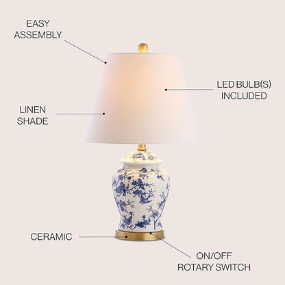 JONATHAN Y JYL3005A 22" French Country Ginger Jar Table Lamp, Blue and White Chinoiserie Ceramic Bedside Lamp for Living Room, Traditional Bedroom Nightstand with White Linen Shade, LED Bulb Included