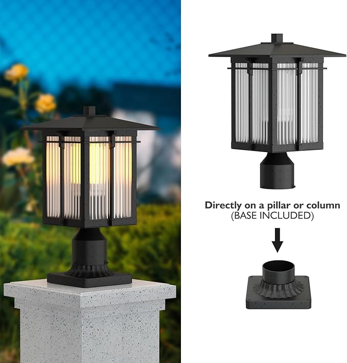 Modern Outdoor Post Light, Aluminum Lamp Post Light Fixture with Ribbed Glass, Soptted Black Outside Pole Lighting with 3-Inch Pier Mount Base for Yard Porch Pathway (15.8''H, 1 pc)