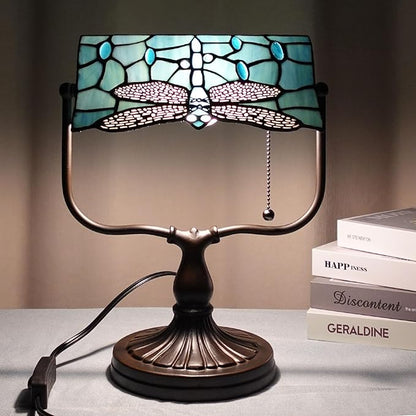 TL0030 Dragonfly Tiffany Banker Desk Lamp Stained Glass Green Shade with Vintage Bronze Base W10.25 X OH13 Inches, Art Nouveau Lamp for Home Office,LED Bulb Included (Dragonfly)