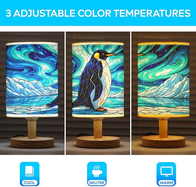 Penguin Table Lamp LED 3-Color Pressed Bedside, Penguin Shade Lamp with Wood Base for Bedroom Living Room Desk Office TL01