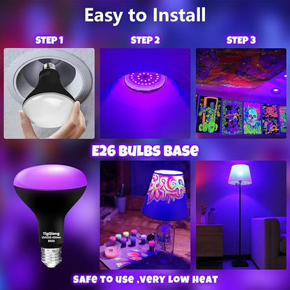 6 Pack Black Light Bulbs, Blacklight Bulb 120W Equivalent, E26 BR30 LED Black Light Bulb 385-400nm for Halloween Christmas Decorations, Body Paint, Glow in The Dark Party, Fluorescent Poster