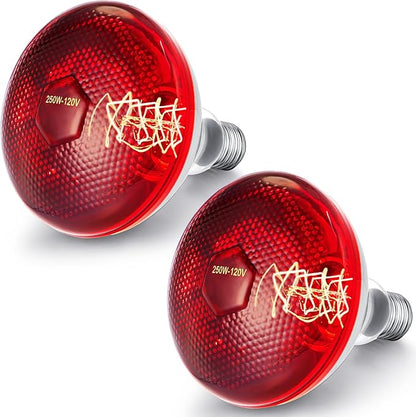 VIHOSE 2 Pack Infrared Heat Lamp for Chickens 250watt 120v Thickened Red Heat Lamp Bulbs for Food Service, Reptile, Pet, Bathroom, Light Therapy Use E26 Base