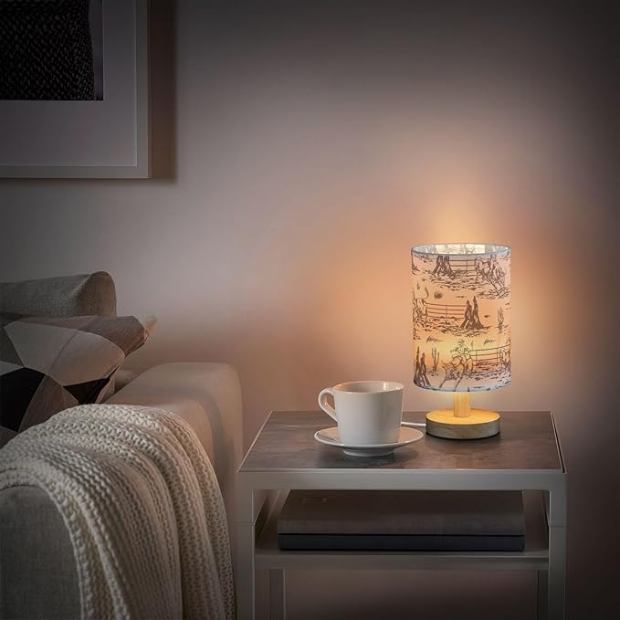 Bedside Lamp West Cactus Cowboy Table Lamp for Bedroom LED Nightstand Lamp Shade USB Ports Wood Base for Living Room Dorm Office