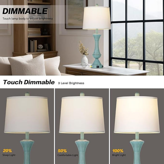 29" Coastal Tall Blue Table Lamps Set of 2 for Living Room, Touch Control Bedroom Lamps for Nightstand, 3-Way Dimmable Bedside Lamp with USB A+C Ports & AC Outlets (2 LED Bulbs Included)
