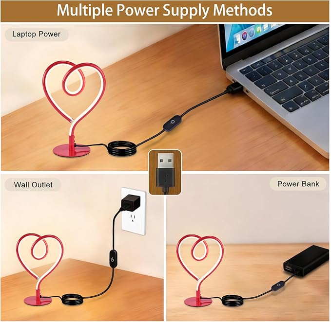 Red Table Lamp – 3CCT 2700K 4000K 6500K Stepless Dimmable Heart Lamp, Touch Control Aluminum Bedside Lamps with USB Adapter, for Bedroom,Girls Room,Nightstand,Desk
