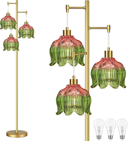 Glass Gold Floor Lamp for Living Room,Bedroom,Mid Century Modern Standing Lamp Brass Tree 3 Light Tall Floor Lamps Vintage Retro Floor Lights Green Flower Lamp Shade Farmhouse Boho Bohemian
