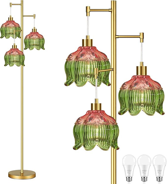 Glass Gold Floor Lamp for Living Room,Bedroom,Mid Century Modern Standing Lamp Brass Tree 3 Light Tall Floor Lamps Vintage Retro Floor Lights Green Flower Lamp Shade Farmhouse Boho Bohemian