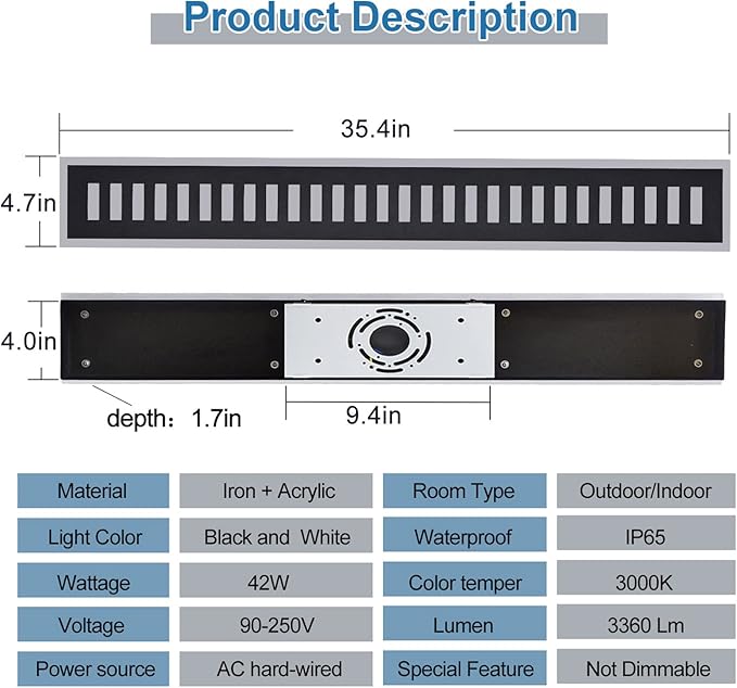 Outdoor Wall Light LED 42W 30000K 35.4in Long - Black Metal Waterproof Modern Exterior Lighting Fixture,Frosted Acrylic Porch Sconce,for Patio,Garage,Courtyard