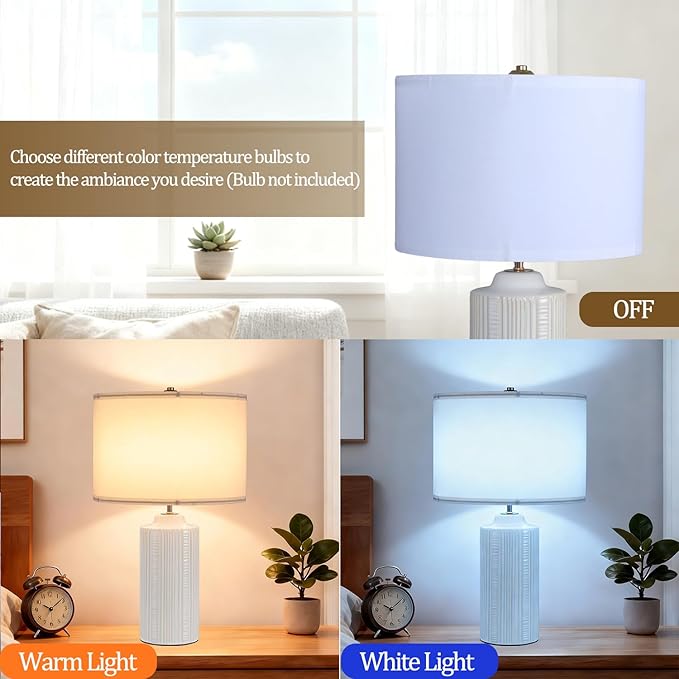 23" Ceramic Table Lamps Set of Two, White Ceramic Desk Lamps for Living Room, Farmhouse Bedside Lamps for Bedroom Decor, Beige Nightstand End Table Lamps