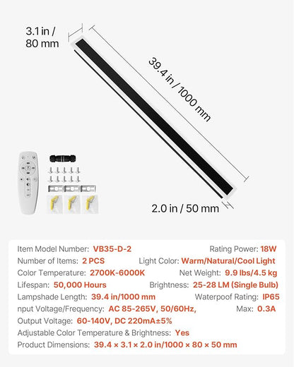 VEVOR Outdoor Wall Lights, 2 Pack, 39.4 Inch Long Strip Modern Exterior Wall Sconce Light Fixtures, 2700K-6000K, IP65 Waterproof Anti-Rust, Dimmable Outside Wall Mount Lighting, for House Porch Garage