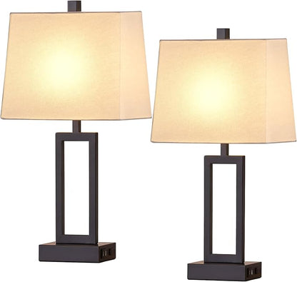 23.5" Touch Control Table Lamps Set of 2, Bedside Lamp with 2 USB Ports & AC Outlet, 3-Way Dimmable Nightstand Lamp with White Linen Shade for Living Room Bedroom End Table Office(2 LED Bulb Included)